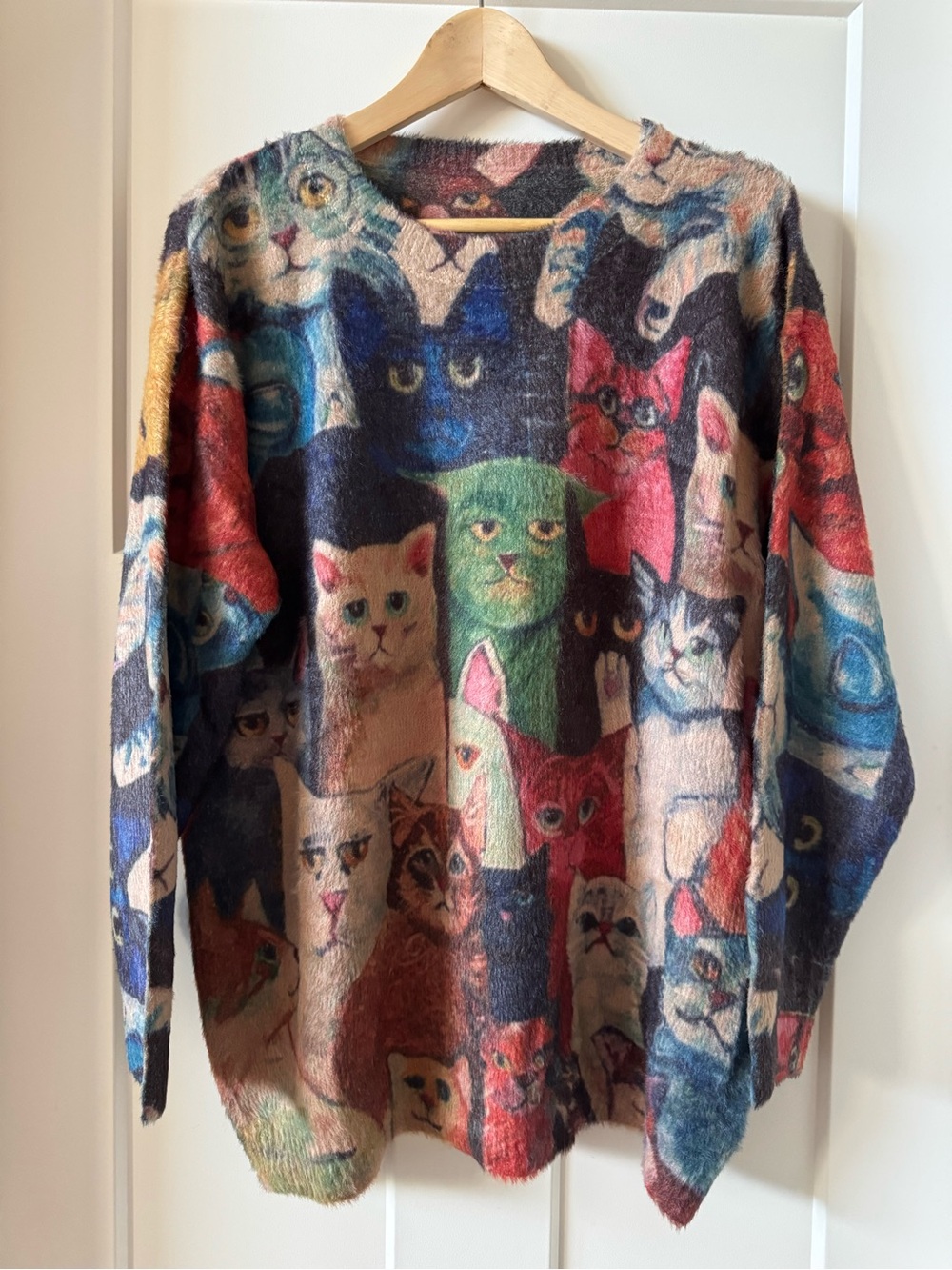 Oversized Pullover Sweater with Cat Faces Collage Graphic Size Medium